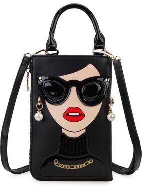Women Black 1i Novelty Lady Face PU Leather Shoulder Bag Handle Satchel Clutch